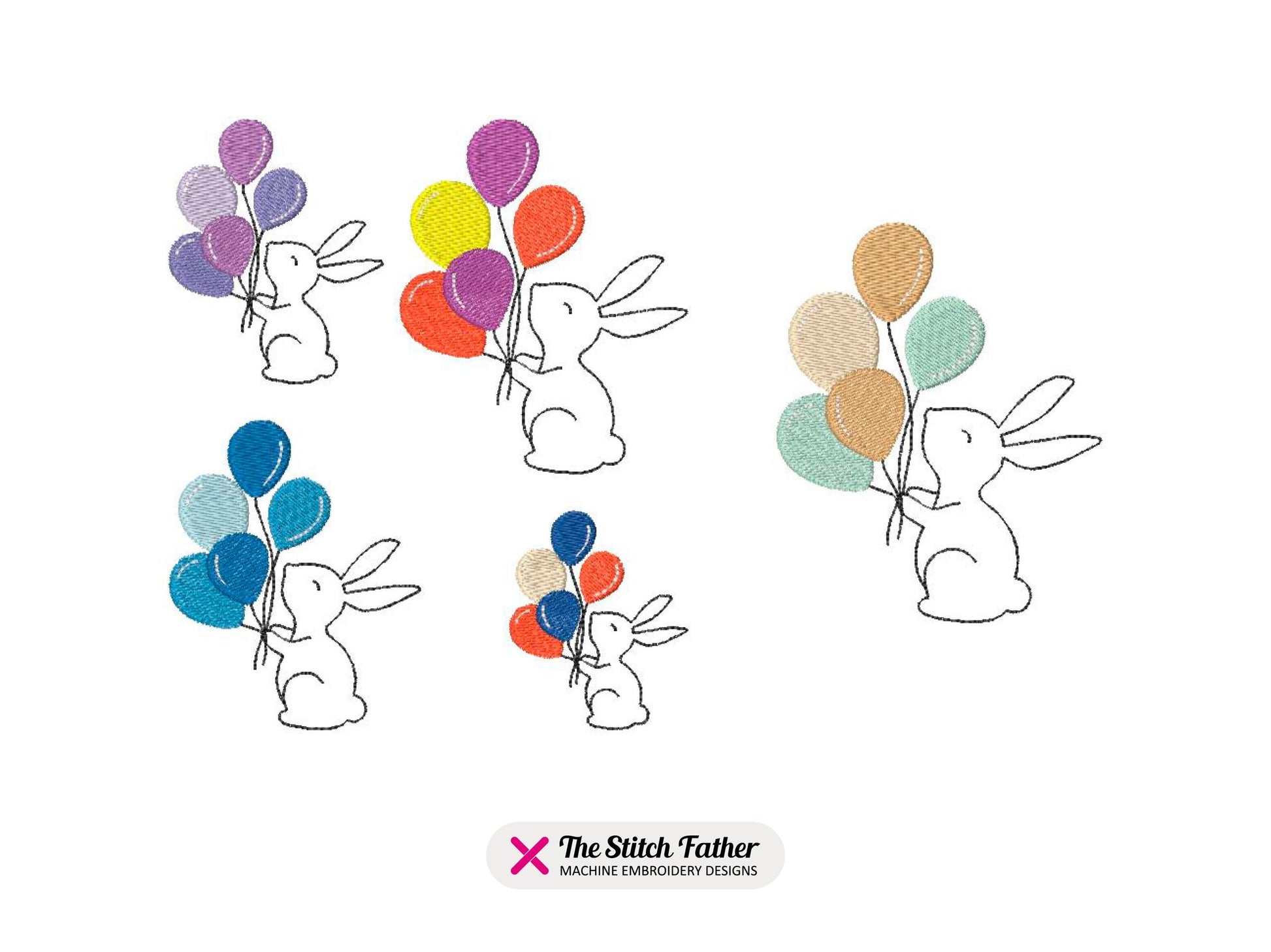 Bunny with Balloons Machine Embroidery design - 5 sizes - INSTANT DOWNLOAD