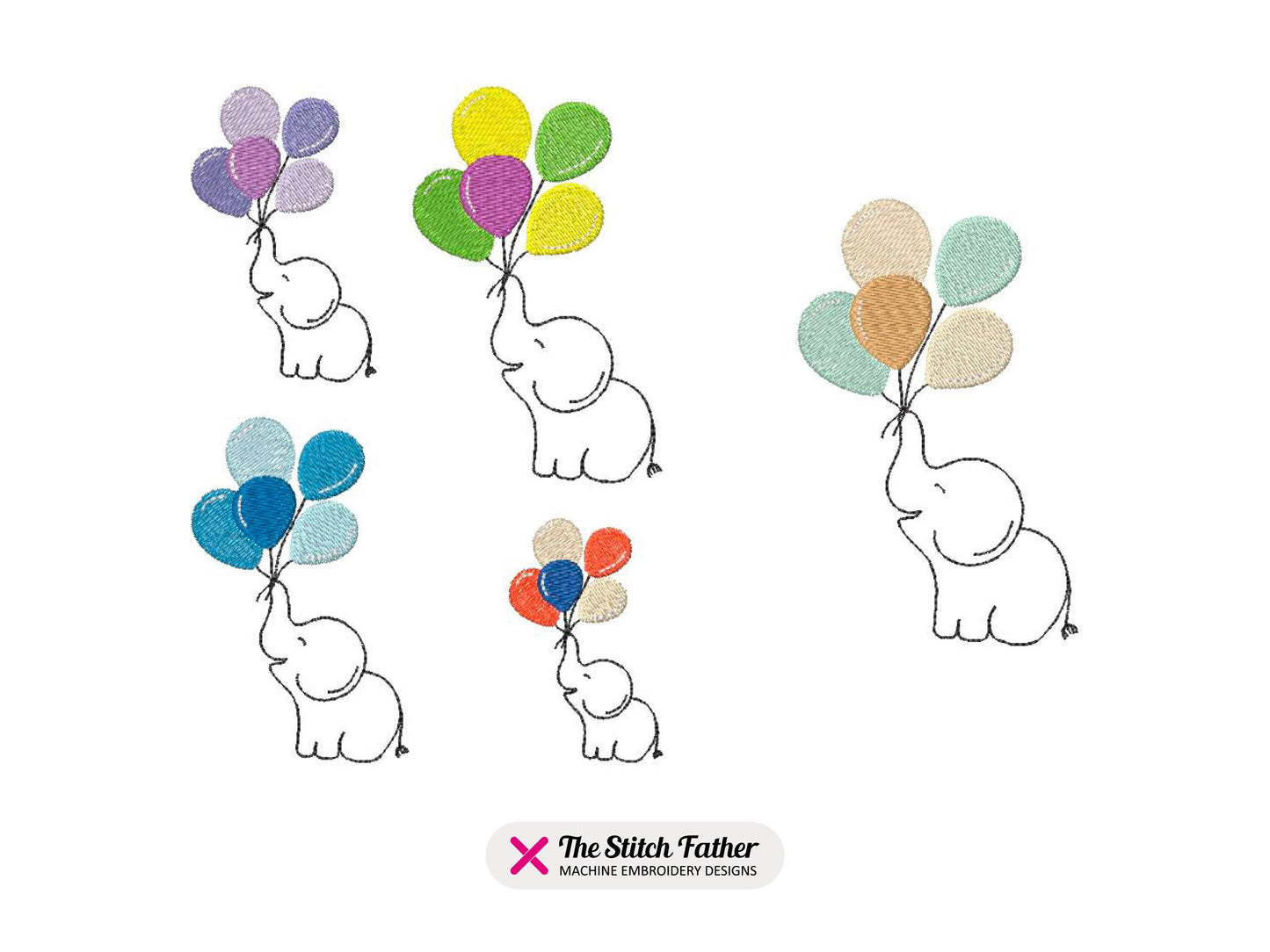 Elephant with Balloons Machine Embroidery design - 5 sizes - INSTANT DOWNLOAD