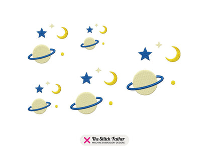 Planet with Stars and Moon Machine Embroidery design - 5 sizes - INSTANT DOWNLOAD